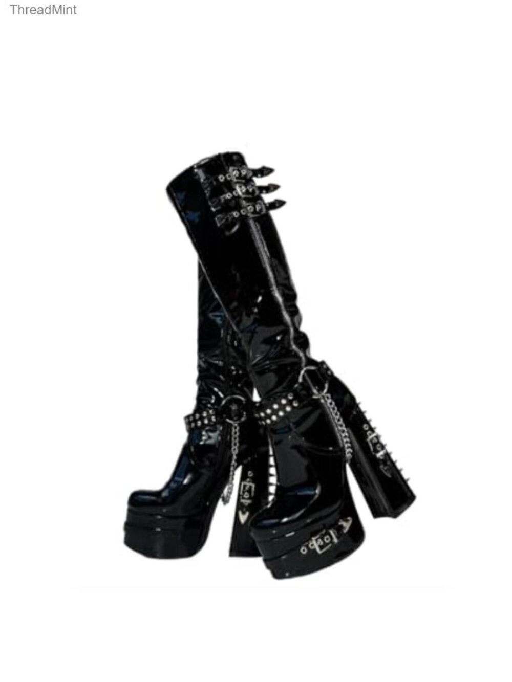 Chunky Platform Knee High Heeled Boots Patent Leather Goth Punk